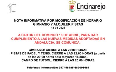 ¡¡ATENCIÓN!! NUEVO CAMBIO HORARIO PABELLÓN Y PISTAS DEPORTIVAS POR COVID-19 A PARTIR DEL 18 ABRIL